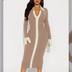 NEW Fashion Nova Elegant Tan Ribbed Long Sleeve Dress